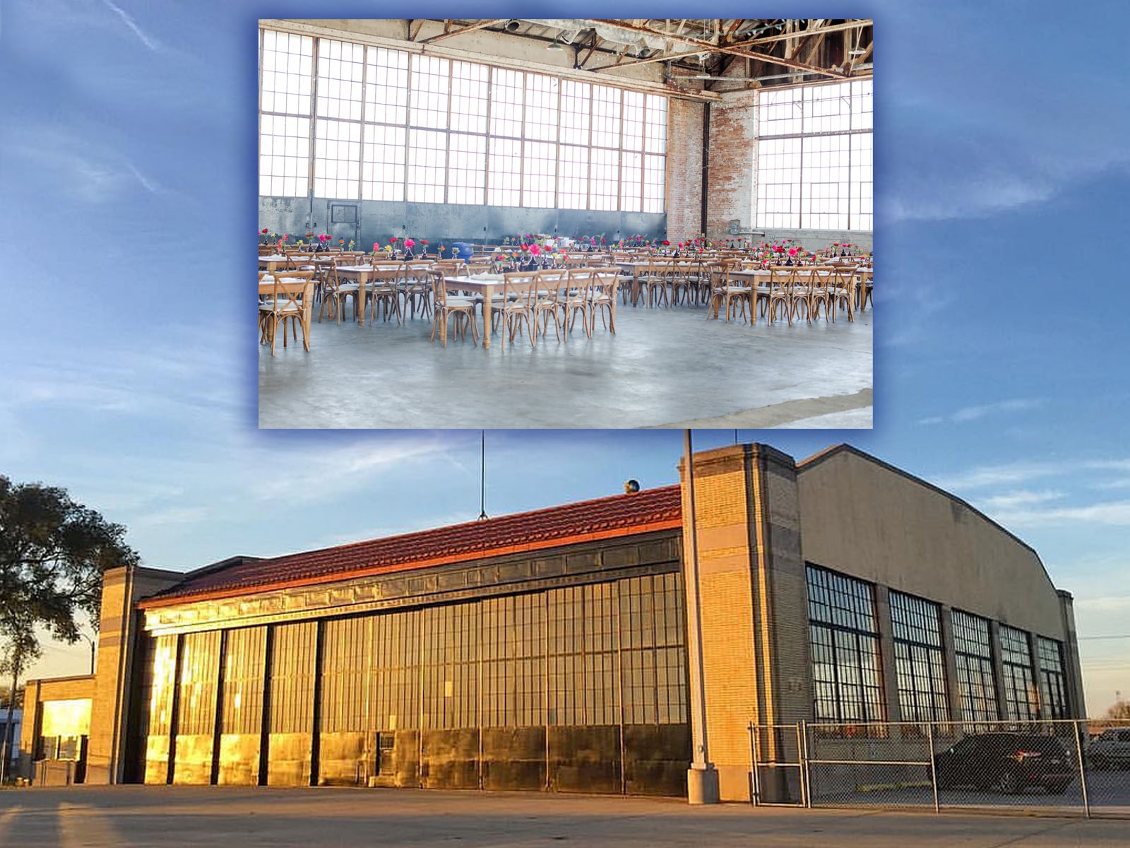 the ford airport hangar with an inset photo of the interior